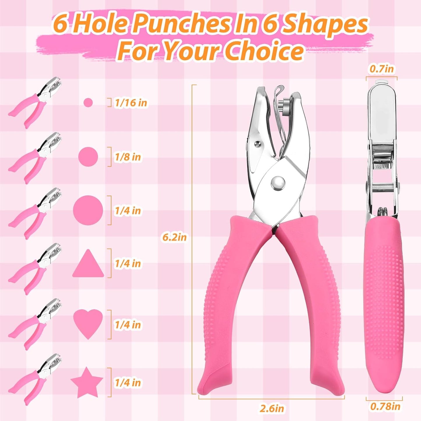 6 Pcs Hole Punch Set for Crafts - 1/16" 1/8" 1/4" Shapes (Circle, Heart, Star, Triangle) with Soft-Grip Handles | Paper Puncher for Binders, Scrapbooking, School, Card Making