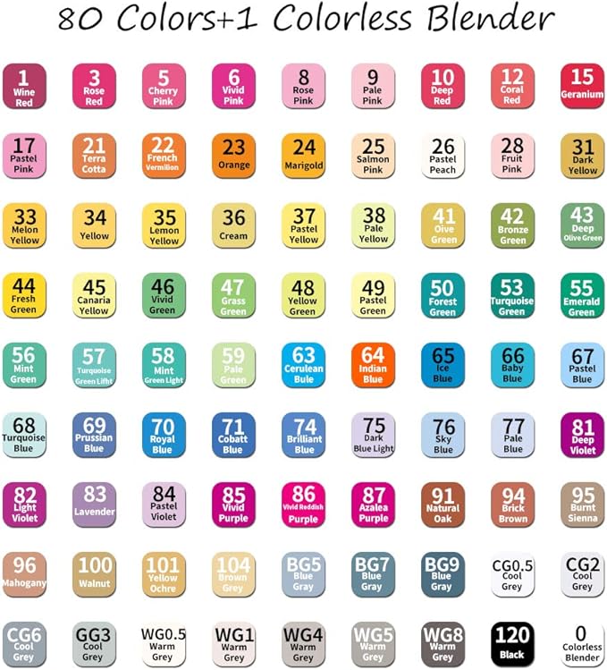 ABEIER 80 Color Alcohol Based Dual Tip Markers Set, Plus 1 Colorless Blender Pen, Permanent Sketch Markers for Kids, Adults Coloring and Artist Illustration