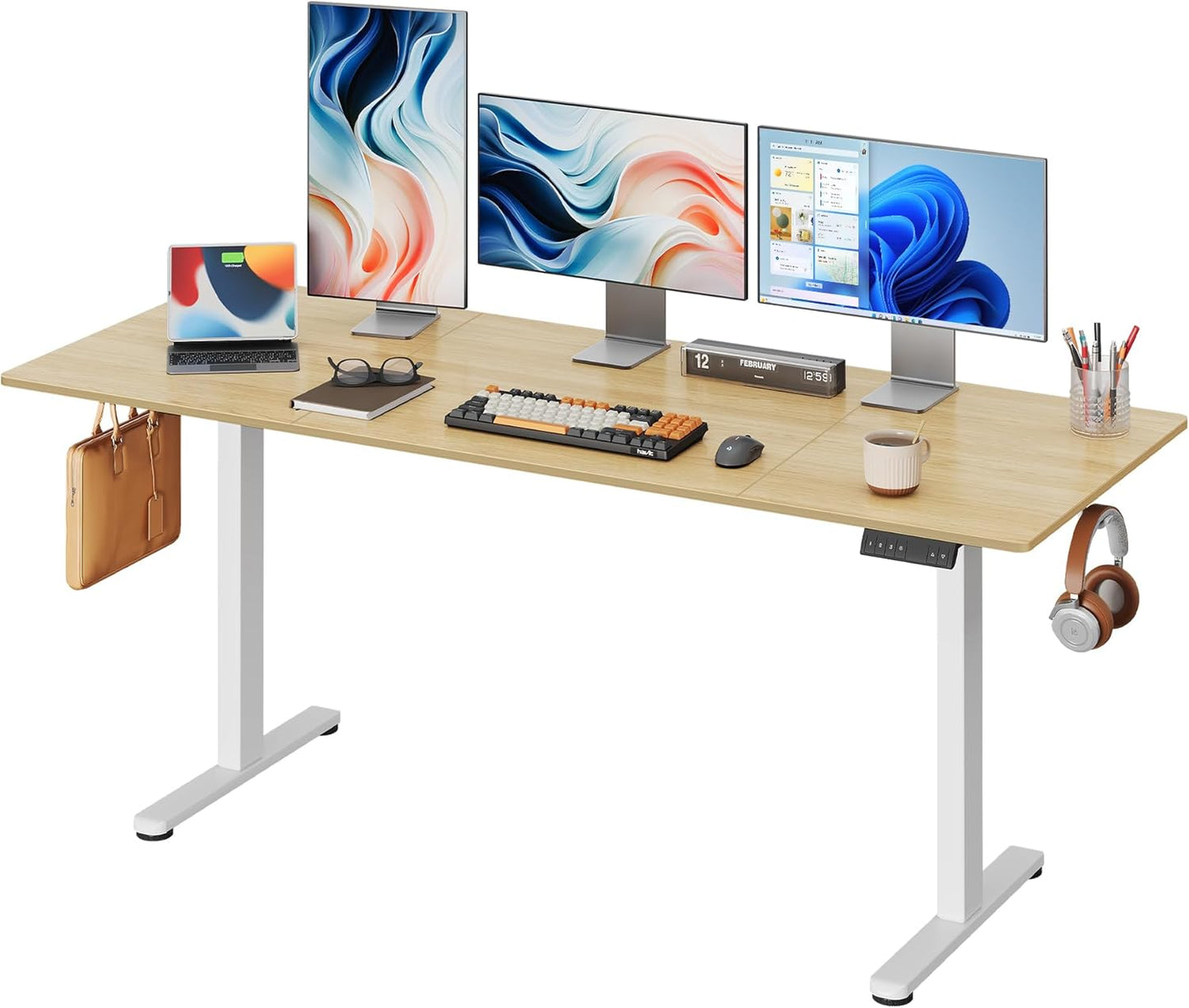DEVAISE 71 Inch Electric Standing Desk, 3 Adjustable Height Stand up Desk for Home Office, Ergonomic Sit to Stand Desk with LED Touchscreen, Headphone Hook, 3 Memory Preset Computer Desk (Maple)
