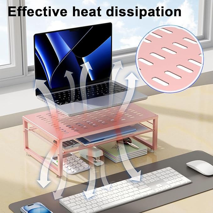 gianotter 2-Tier Metal Monitor Stand Riser, Desk Organizer for Monitor, Office Desk Storage Organizer for Office Supplies (Rose Gold)