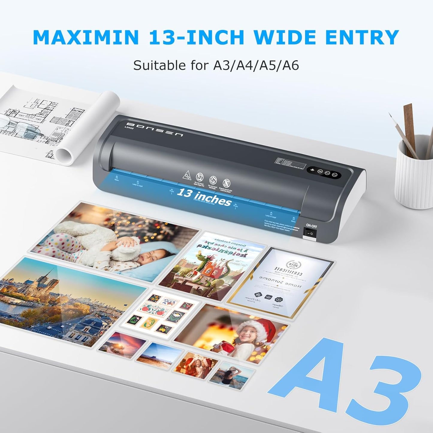 Laminator Machine, Bonsen 13 Inch Wide Thermal Laminator with Never Jam Technology, A3 Laminating Machine with 100 Laminating Sheets for School, Office and Home, Black (L3402)