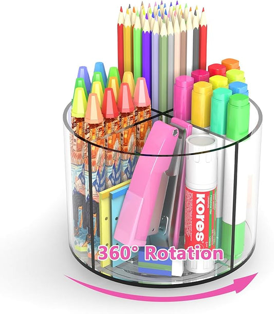 Small Pencil Organizer for Desk Acrylic 4 Compartments, Tiny Rotating Art Supply Organizer Kids, Spinning Round Marker Organizer Small Clear Desktop Organizer Caddy Swivel Office Pen Pencil Holder