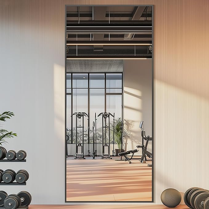 71"X32" Floor Mirror Full Length with Stand, Black Rectangle Large Free Standing Full Length Body Mirror for Gym Bedroom Living Room, Tempered Glass, Aluminum Alloy Frame