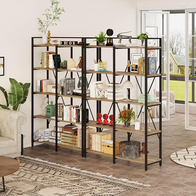 BON AUGURE Industrial Bookshelves and Bookcases, 5 Tier Heavy Duty Etagere Shelving Unit, Farmhouse Rustic Wood Metal Book Shelves for Office, Living Room and Bedroom (Vintage Oak)