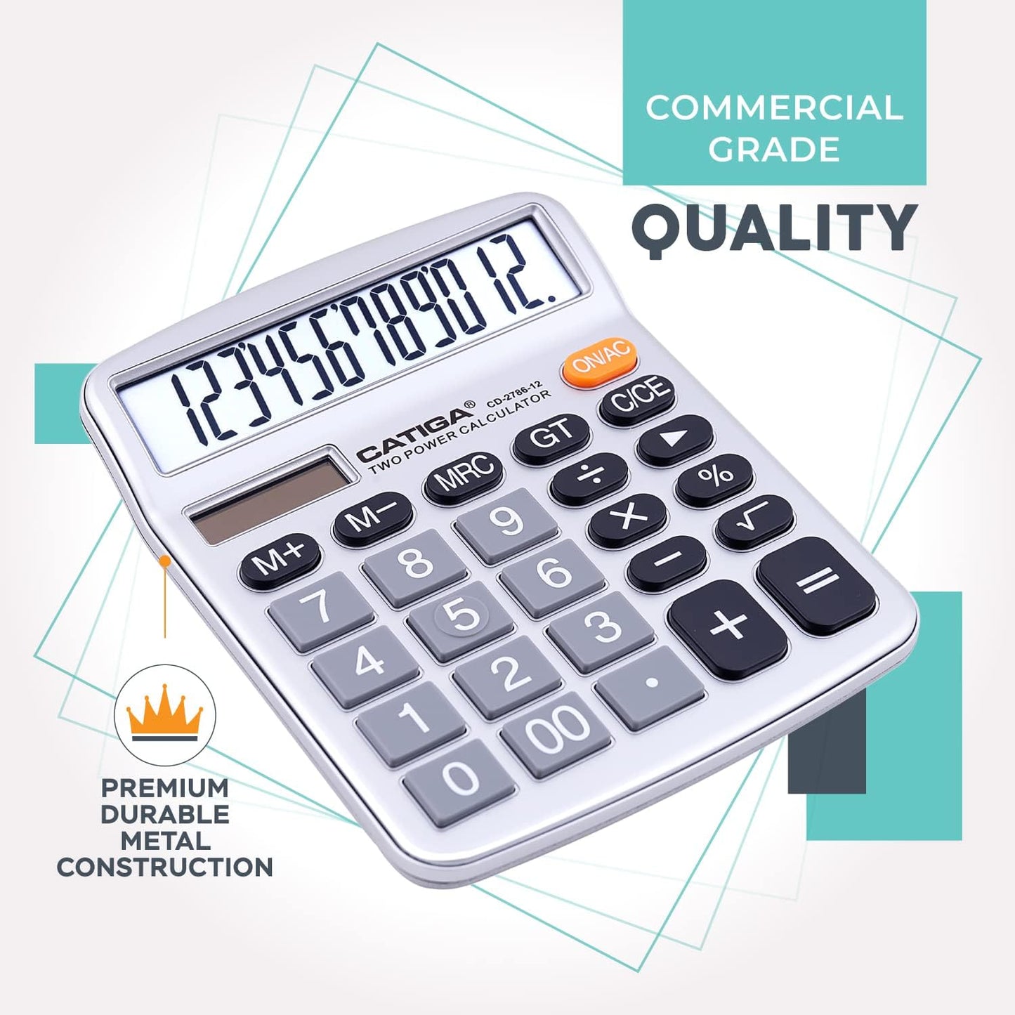 CATIGA 12 Digits Desktop Calculator with Large LCD Display, Dual Solar Power and Battery, Standard Function for Office, Home, School, CD-2786