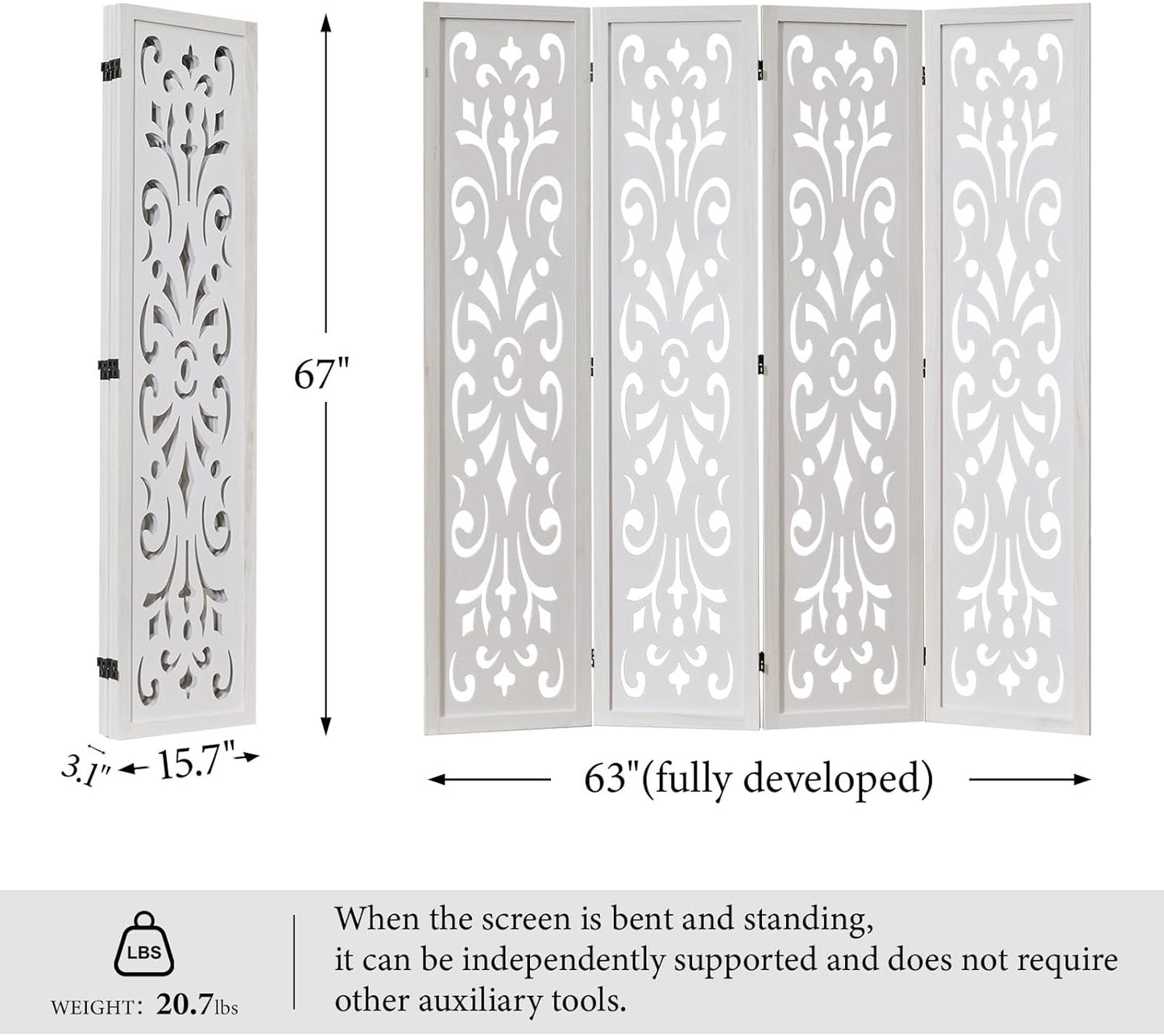 5.6Ft Room Divider Folding Wood Classical Carved Partition Screen for Home Office Garden - 4 Panels (White)