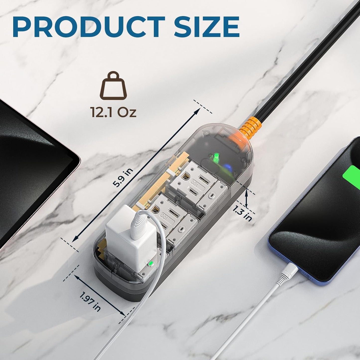 Surge Protector Power Strip,1625W/13A,5Ft Extension Cord with 3 Outlets,Waterproof Class 6 Heavy Duty Extension Cord for Indoor Outdoor,UL FCC IPX6 Listed (Transparent, 5FT)