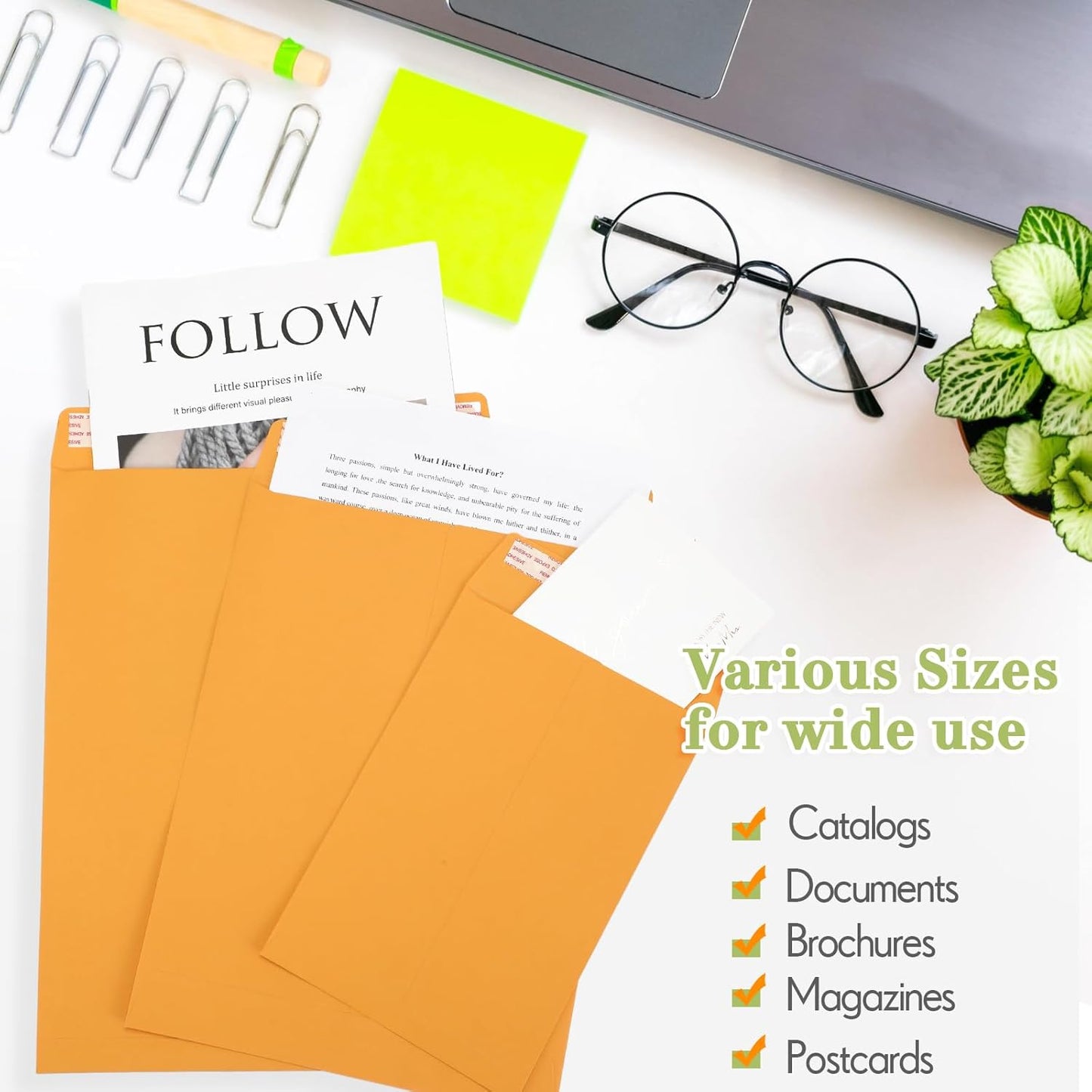 100 Pcs 3 Sizes Catalog Mailing Envelopes, Peel and Seal, Anti Tear Kraft Paper Printable Catalog Envelope for Filing, Storing or Mailing Documents, 6 x 9 In, 9 x 12 In, 10 x 13 In (Yellow)