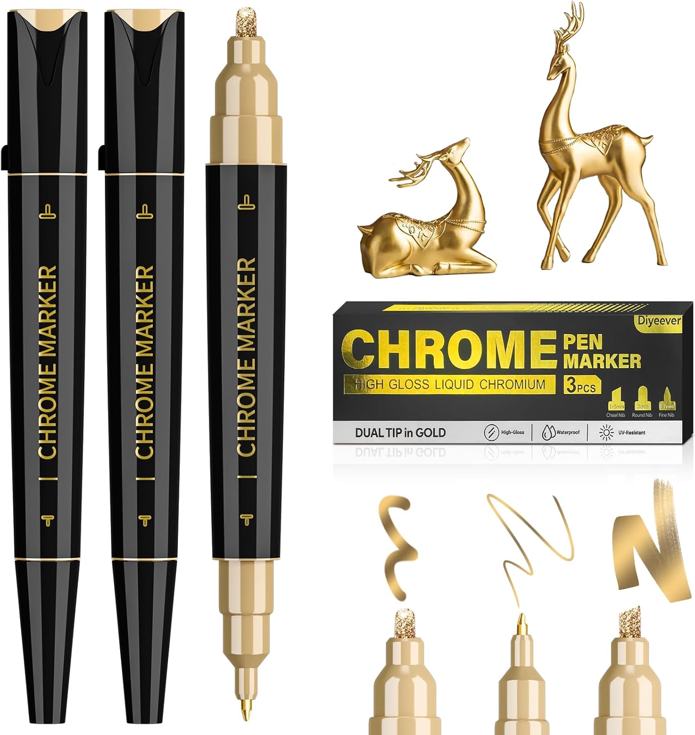 3 Pack Dual Tip Liquid Gold Chrome Markers, Permanent Shiny Gold Marker Pen for Most Surfaces, Golden Metallic High-gloss for Model Repairing, Painting, Marking or DIY Art Project