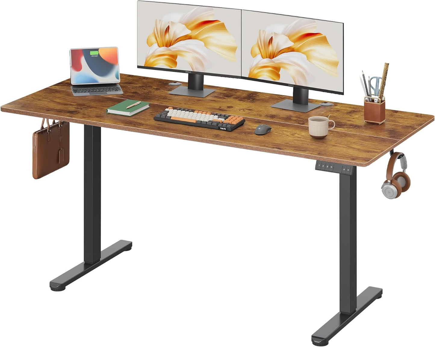 DEVAISE 63 Inch Electric Standing Desk, 3 Adjustable Height Stand up Desk for Home Office, Ergonomic Sit to Stand Desk with LED Touchscreen, Hook, 3 Memory Preset Computer Desk (Rustic Brown)