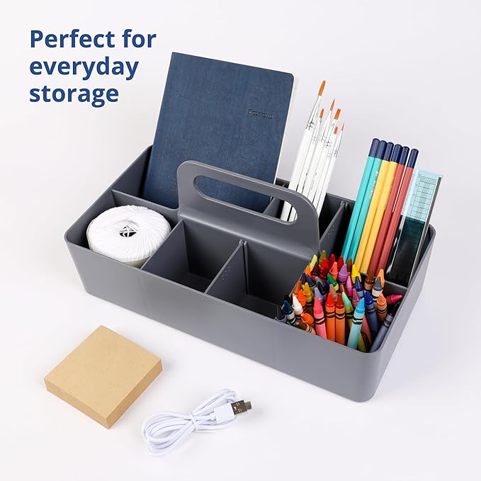 BLUE GINKGO Stackable Organizer Caddy – Korean-Made Portable Tote for Bathroom, Office, Crafts, or School Supplies (Long Rectangle, Gray)