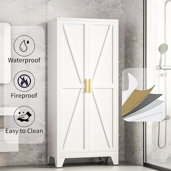 71H Tall Metal Storage Cabinet with 2 Doors and 5 Shelves,Farmhouse Storage Cabinet with Barn Doors,Pantry Storage for Home,Office,Dining Room,Kitchen,Bathroom(White)