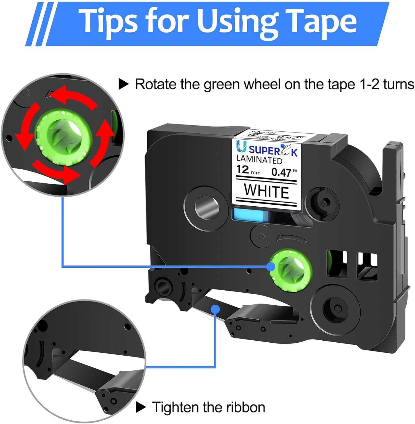 6 Pack 12mm 0.47 Laminated White Tape Compatible for Brother P-Touch Label Maker Tape TZe-231 12mm Label TZe231 1/2 Inch TZe TZ Tapes TZ-231 TZ231 for PT-D210 D200 D220 H100 H110 D400