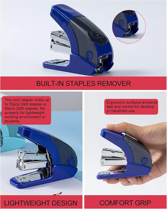 PAPERPAL Effortless Mini Stapler Set, 20 Sheet Capacity, Integrated Remover & Staple Storage, Holds 1/4" Staples, Includes 1000 Staples, Lightweight, Office, School & Daily Use, Dark Blue