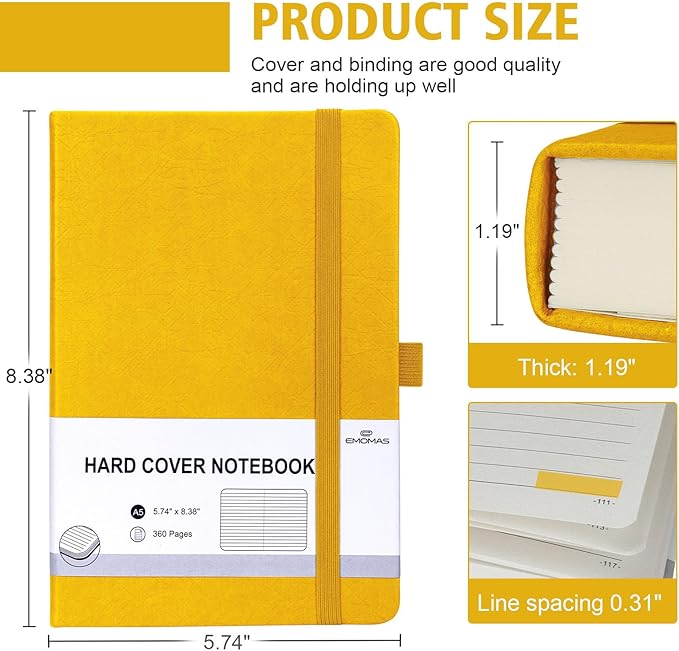 Lined Journal Notebook, 360 Numbered Pages(With page number), Thick Journal for Writing A5 College Ruled Notebook, 100gsm Lined Paper, Leather Hardcover, 5.75'' X 8.38''-1 Pack, Yellow