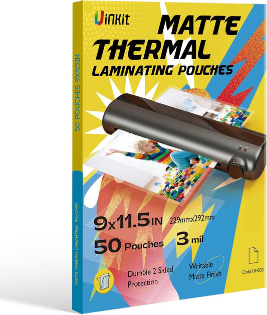 Uinkit Matte Thermal Laminating Pouches, 9 x 11.5 Inches 3 Mil Thick Clear Anti-Glare with Matte Finish 50 Pack Fitted for Letter Size Laminating Sheets 8.5 x 11