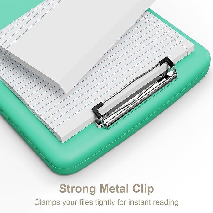 Piasoenc Clipboard with Storage, 8.5 x 11 Organization Box with Pen Holder and A4 Legal Paper Folder, Heavy Duty Plastic, Folio & Side-Opening, Low Profile Clip for Nurses, Teachers, Green