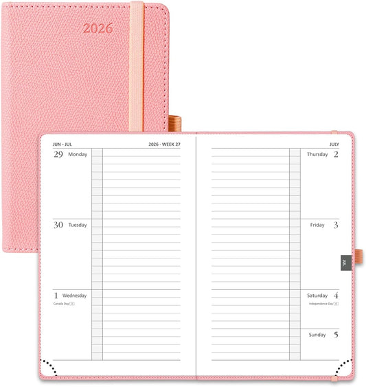 POPRUN Weekly Planner 2026 Calendar (Pocket 4'' x 6.25'') 12 Months Notebook with Horizontal Layout, Leather Hardcover, Inner Pocket, 100GSM Thick Paper, Pen Holder TJ - Soft Pink