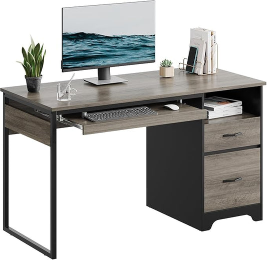 Bestier 48” Computer Desk with Drawers, Office Desk with Storage, Industrial Wood Writing Desk with File Drawer, Keyboard Tray & 2 Hooks for Home Office & Studio, Gray