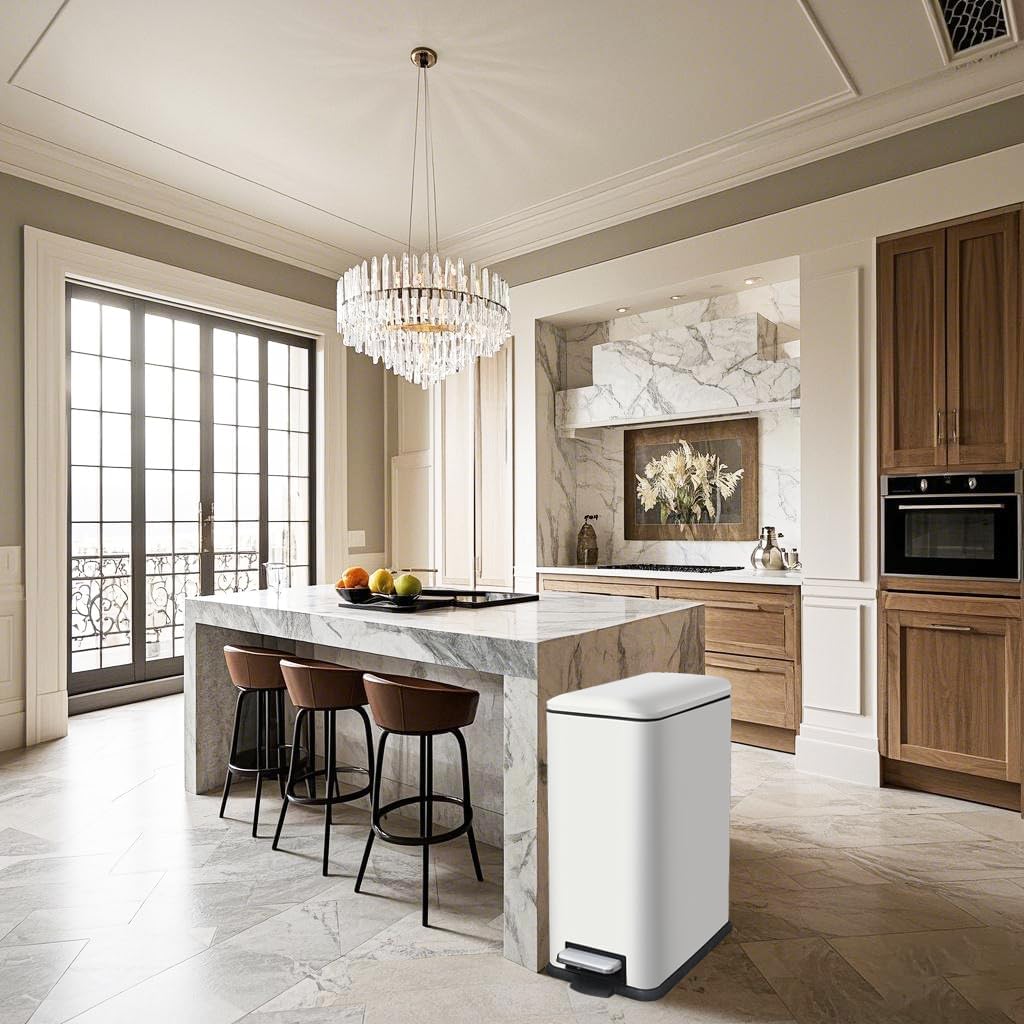 12 Gallon Slim Kitchen Trash Can, Rectangular Trash Can with Removal Inner Bucket and Soft-Close Lid, Foot Pedal, Stainless Steel Garbage Can 45 Liter, White