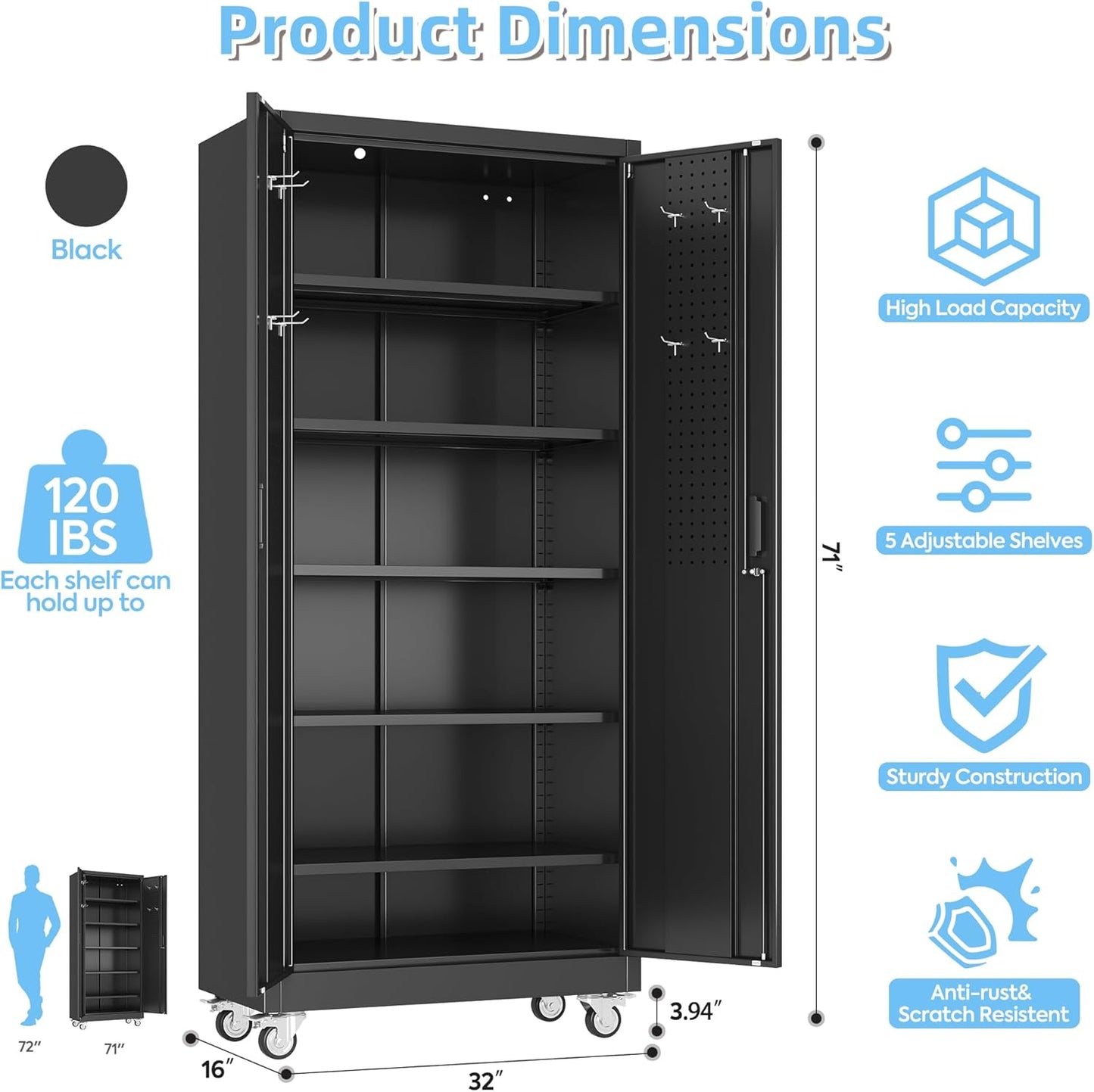 Aobabo Upgraded Garage Storage Cabinets with Wheels,Metal Storage Cabinets with 5 Adjustable Shelves for Garage Home Office Storage, Black,71''H*32''W*16''D,Assembly Required