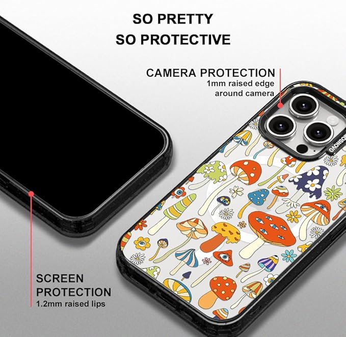 MOSNOVO Magnetic Case for iPhone 15 Pro Max, 10ft Military-Grade Protection, Compatible with Magsafe, Shockproof Phone Case for iPhone 15 Pro Max - Mushroom Art - Clear Black