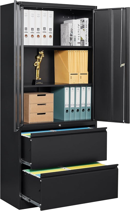 SISESOL 2 Drawer Lateral File Cabinet with Lock and Shelf,71" Black Filing Storage Cabinet with Doors,Locking Metal Storage Cabinets with Drawers for Home,Office,Garage,School,Fit A4/Letter/Legal File