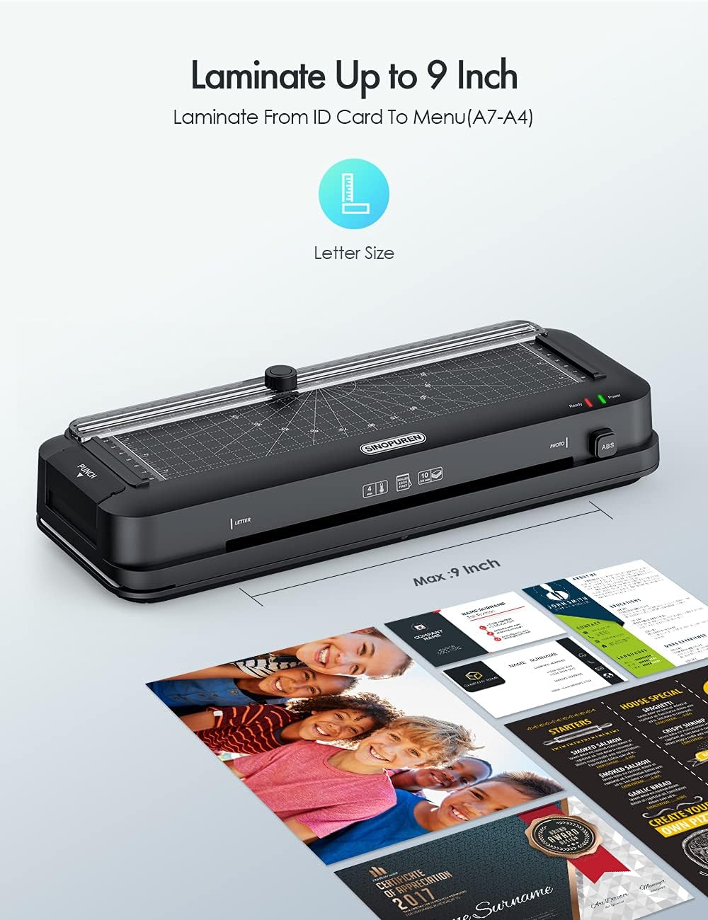 Thermal Laminator Machine, 9-Inch, 3-in-1 Laminator with Built-in Paper Trimmer, Hole Punch & Corner Rounder, 50 Laminating Pouches, Fast 3-Min Warm-Up, Jam-Free for Home, Office, School