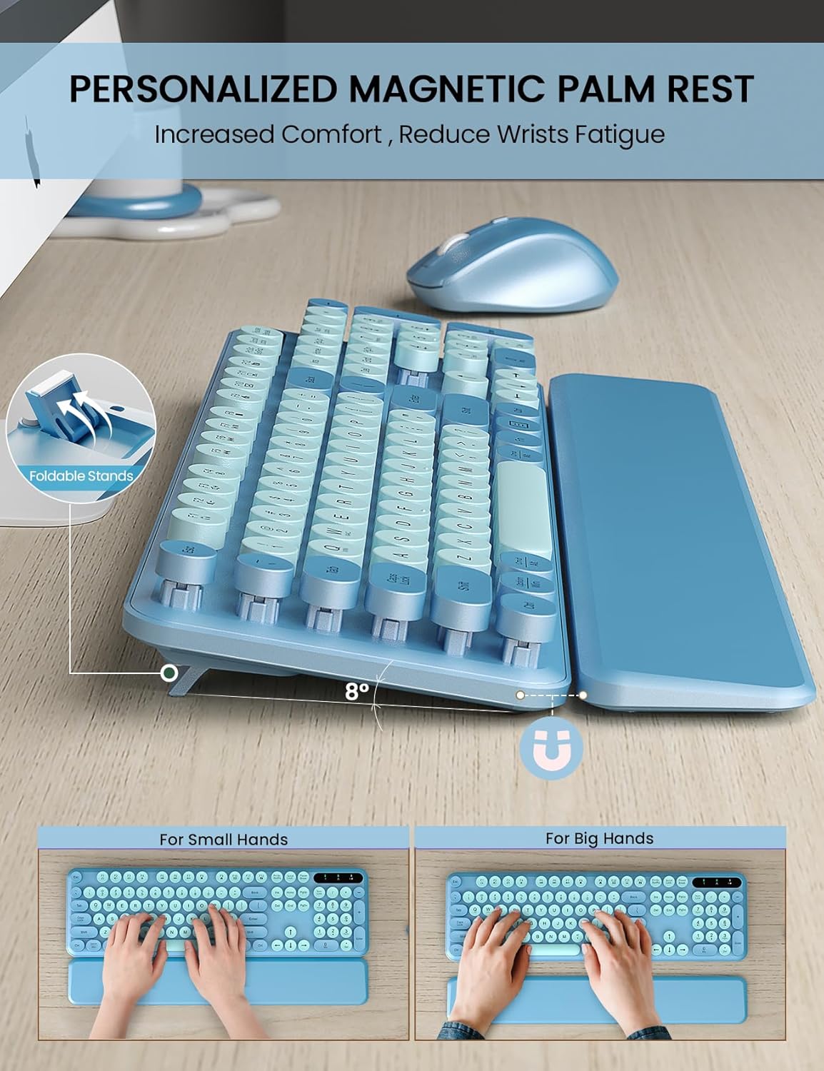 Wireless Keyboard and Mouse Combo - Cute Typewriter Keyboard with Detachable Wrist Rest, Retro Round Keycaps, Foldable Legs, 2.4GHz Full-Size for PC, Laptop, Windows - Trueque (Glacier Blue)