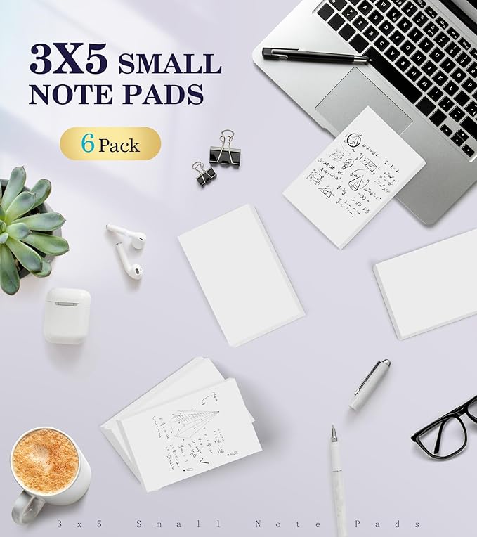 Notepads 3x5, 6 Pack Small Note Pads, Server Note Pads, Scratch Pads 3x5, Memo Pads White Paper, 50 Sheets per Blank Note pads 3x5, Small Writing Pads Pocket Notepads for Office School Home Supplies