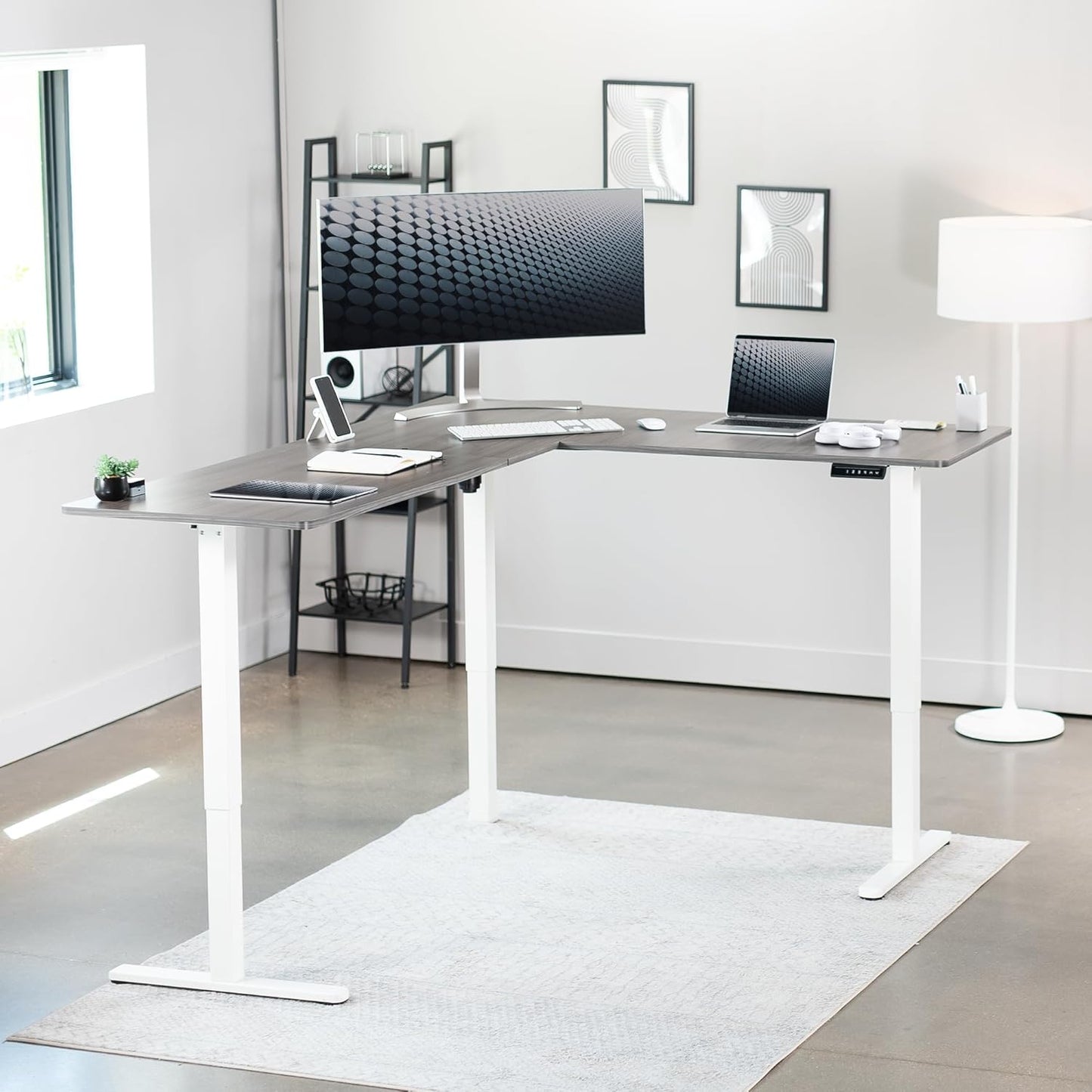 VIVO Electric Corner L-Shaped 75 x 63 in Standing Desk, Memory Height Adjustment, Dark Gray Top White Frame, DESK-E3CTWG-75