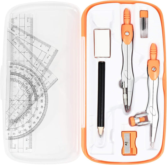 Math Geometry Kit Sets 10 Piece Student Supplies with Shatterproof Storage Box,Includes Rulers,Protractor,Compass,Eraser,Pencil Sharpener,Lead Refills,Pencil,for Drafting（Orange）