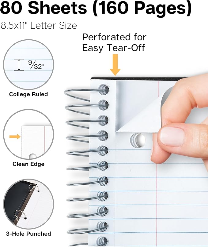 Dunwell College Ruled 1 Subject Notebook, 80 Sheets, Spiral Notebook with 8.5 x 11 Paper, Protective Plastic Cover, Divider with Pockets, Perforated Pages, 3-Hole Punched