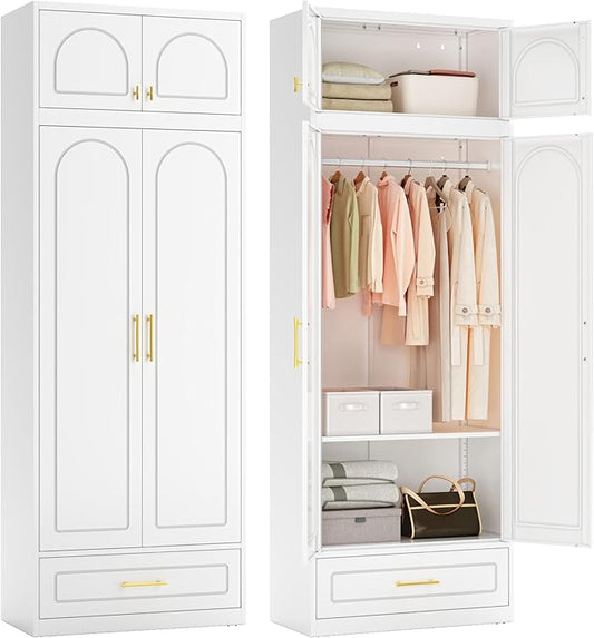 Metal Armoire Wardrobe Closet with Drawer, Freestanding Wardrobe Cabinet with Hanging Rod, Large Clothing Storage Cabinet with Doors for Bedroom, 18" D x 32" W x 86" H, White, Assemble Required