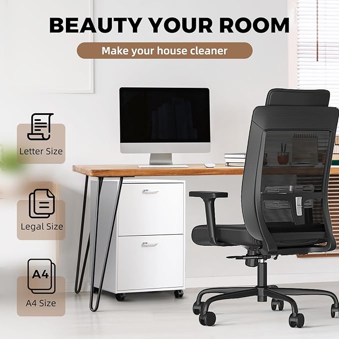 QDSSDECO 2 Drawer Mobile File Cabinet, Rolling Vertical Filing Cabinet fits A4, Legal Paper and Letter Paper for Home Office, White