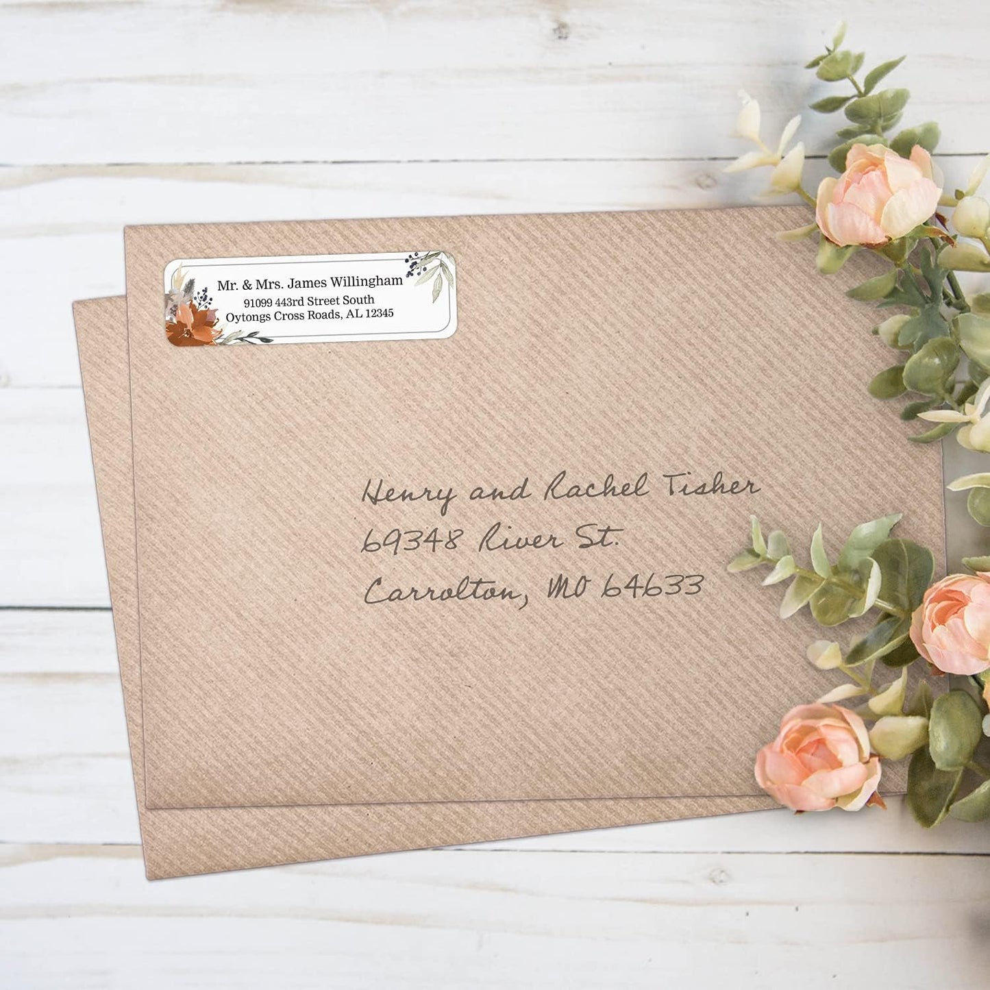 Indie Floral Rolled Address Labels/Roll of 250 Personalized Return Address Labels/Designer Return Address Stickers in Elegant Plastic Dispenser