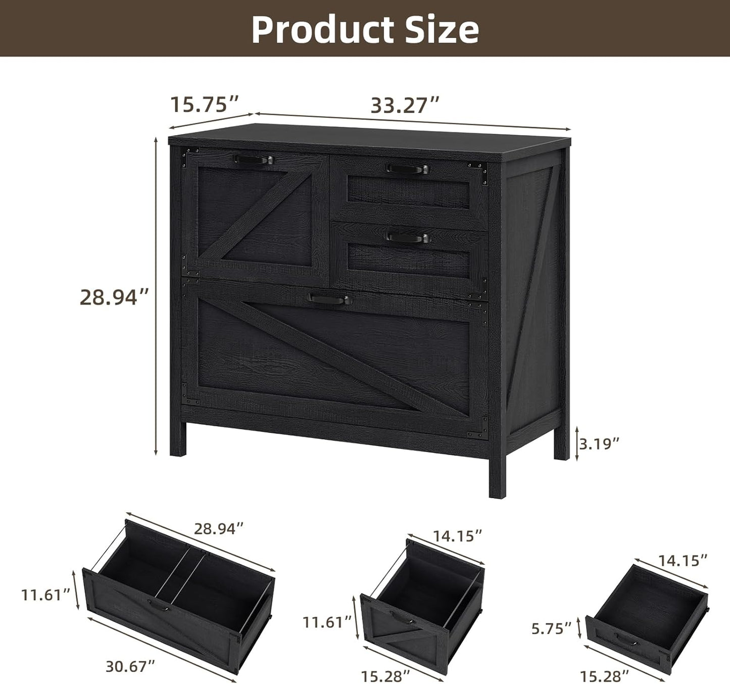 Wood Lateral File Cabinet with 4-Drawer for Hanging Files Letter/A4/Legal Size, Large Farmhouse Filing Cabinets for Home Office, Printer Stand with Office Cabinet, Office Furniture, Black