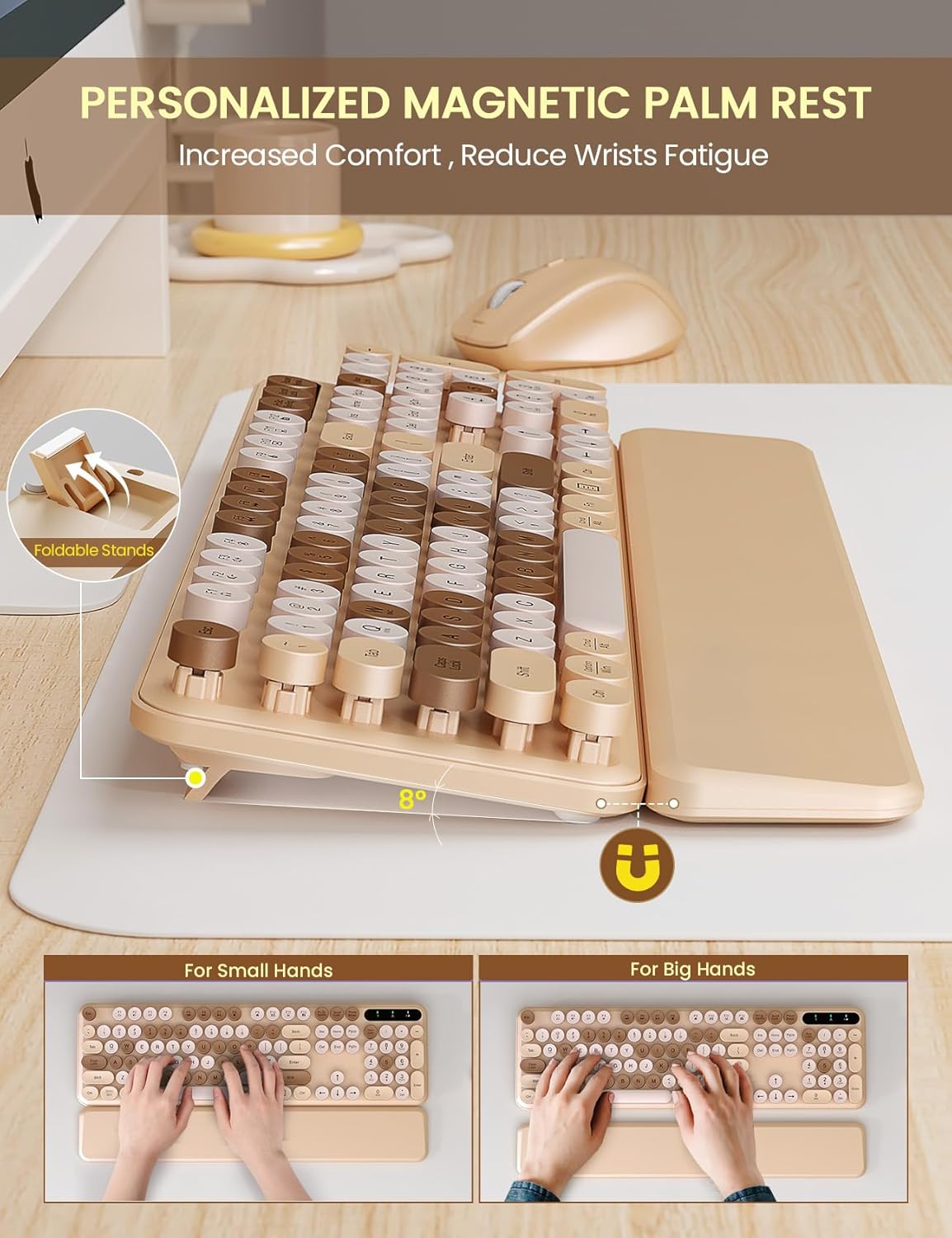 Wireless Keyboard and Mouse Combo - Cute Typewriter Keyboard with Detachable Wrist Rest, Retro Round Keycaps, Foldable Legs, 2.4GHz Full-Size Keyboard for PC, Laptop, Mac, Windows - Trueque (Latte)