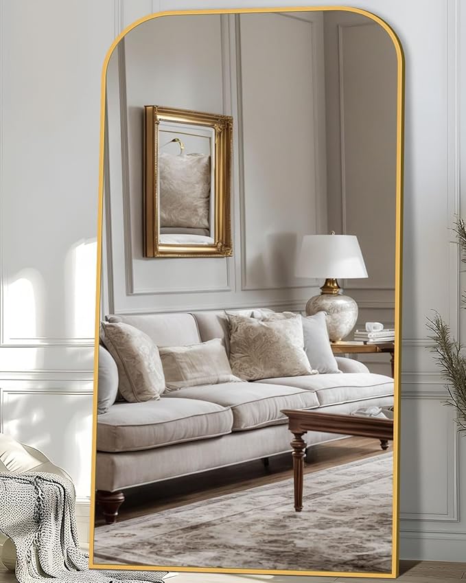 Antok Full Length Mirror, 81"x41" Floor Mirror Freestanding, Arched Floor Standing Large Full Body Mirror with Stand for Bedroom, Hanging Mounted for Living Room, Gold