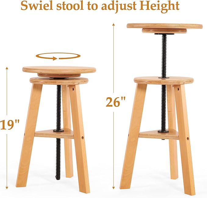 VISWIN 19"-26" H Wooden Adjustable Height Stool, Beech Wood Artist Stool for Drafting, Painting Stool for Artists, Adults, Wood Chair for ArtStudio, Bar, Kitchen, Home Use, Office