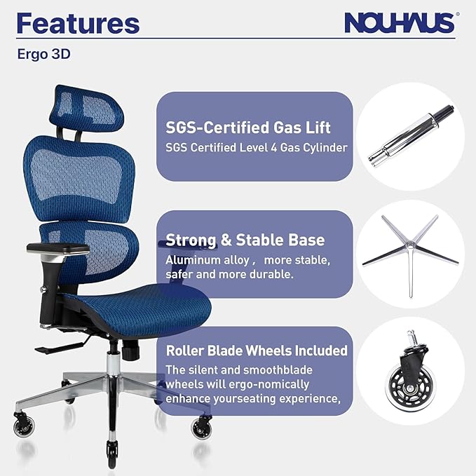 Nouhaus Ergo3D Ergonomic Office Chair Lumbar Support Mesh Office Chair with 4D Adjustable Armrest, Adjustable Headrest and Wheels, Mesh High Back Home Office Desk Chairs(Blue)