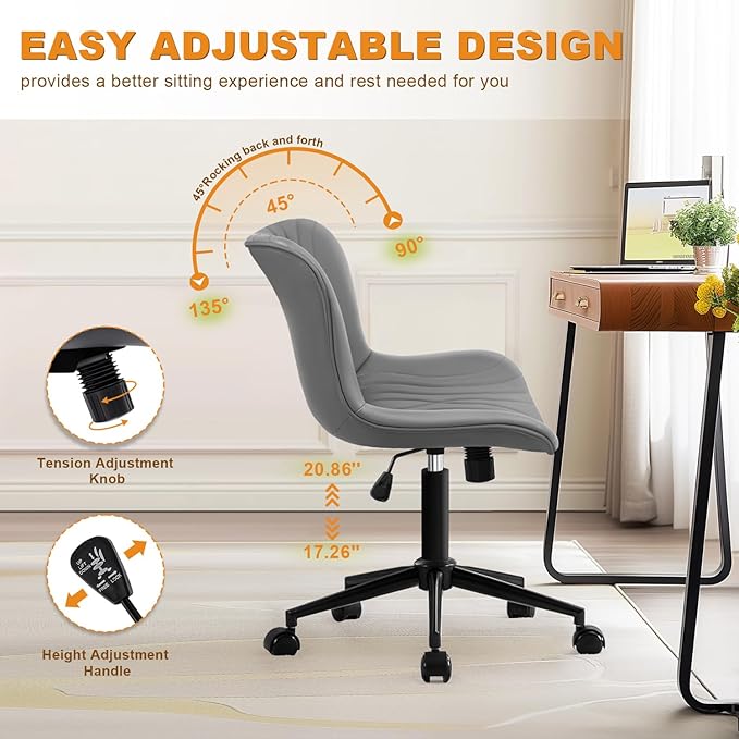 Office Chair, Armless Desk Chair with Wheels, Ergonomic Comfy Home Office Computer Task Chairs, Faux Leather Padded Cute Vanity Chair, Adjustable Height Swivel Chair with Back,Gray