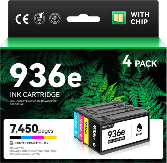 936 936e Ink Cartridges with chip 4-Pack High Yield Replacement for HP 936 936e 936XL Ink Compatible for HP OfficeJet Pro 9110b 9125e 9128e 9130b 9135e 9122e 9120 Wide Format 9730e Printer Black Color