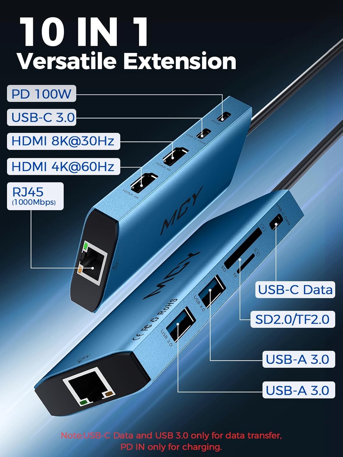 MCY USB C Hub,Laptop Docking Station Dual Monitor Single 8K,2x4K@60Hz,10 in 1 Type-C Multiport Adapter with 2 HDMI,PD100W,Extender Splitter,Card Reader,Ethernet Dock for Mac/Dell/HP/Surface/Steam Deck
