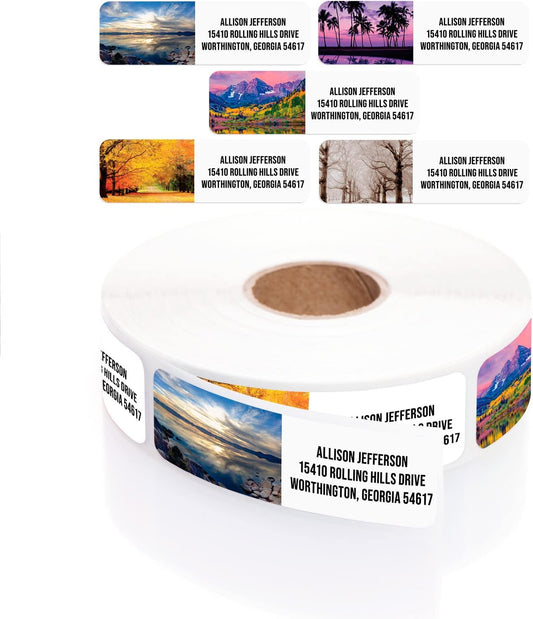 Scenic Landscape Rolled Address Labels / 500 Personalized Return Address Labels/Designer Address Stickers in Elegant Plastic Dispenser