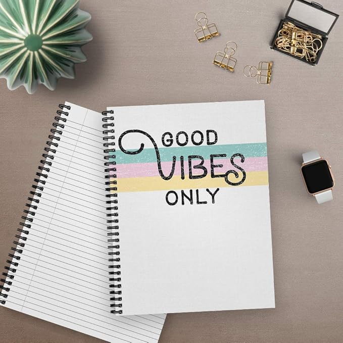 Softcover Good Vibes 8.5" x 11" Motivational Spiral Notebook/Journal, 120 College Ruled Pages, Durable Gloss Laminated Cover, Black Wire-o Spiral. Made in The USA