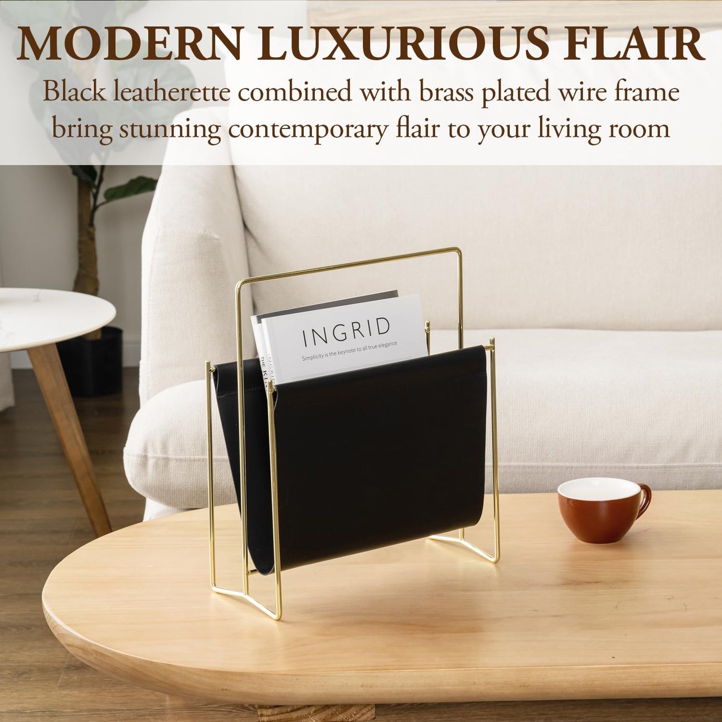 MyGift 13 Inch Modern Black Leatherette Magazine Holder Floor Standing Sling Style Rack with Gold Tone Metal Frame