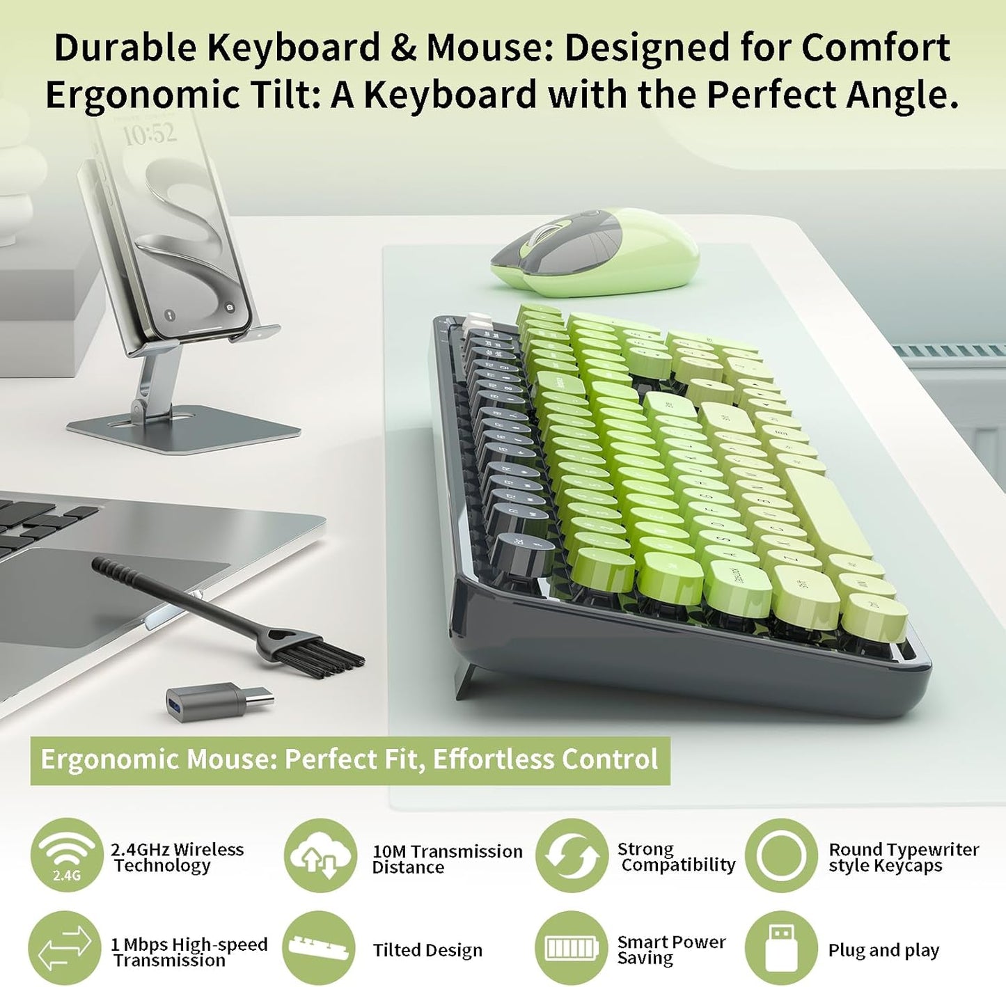 Wireless Keyboard and Mouse, MOFII 104 Round Keycaps Retro Typewriter with OTG & Brush, Full-Size Ergonomic, Ideal for Windows PC, Home, Office and College Gray Green