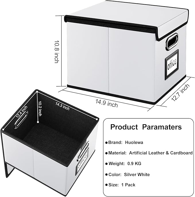Huolewa Upgraded File Organizer Box with Lid, Collapsible Faux Leather Hanging File Folder Box Organizer with Plastic Slides, Decorative Home/Office Filing System Box for File and Folders Storage
