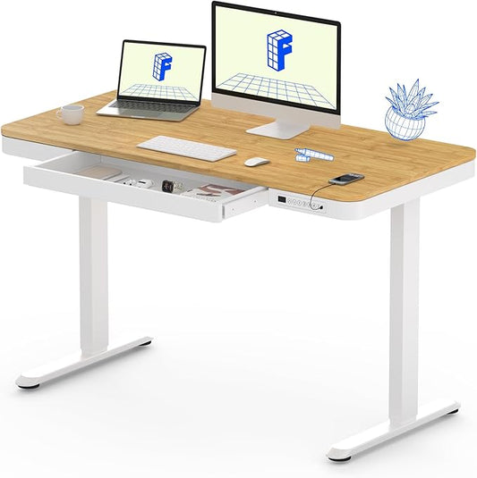 FLEXISPOT Comhar Electric Standing Desk with Drawer Desktop & Adjustable Frame w/USB Charge Ports (Bamboo Texture/White, Wood)